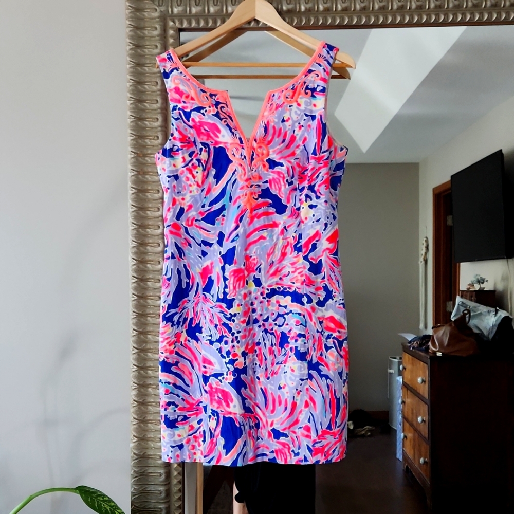 Lilly Pulitzer Lyssa Shift Dress cotton pink blue print floral embroidered 10/12